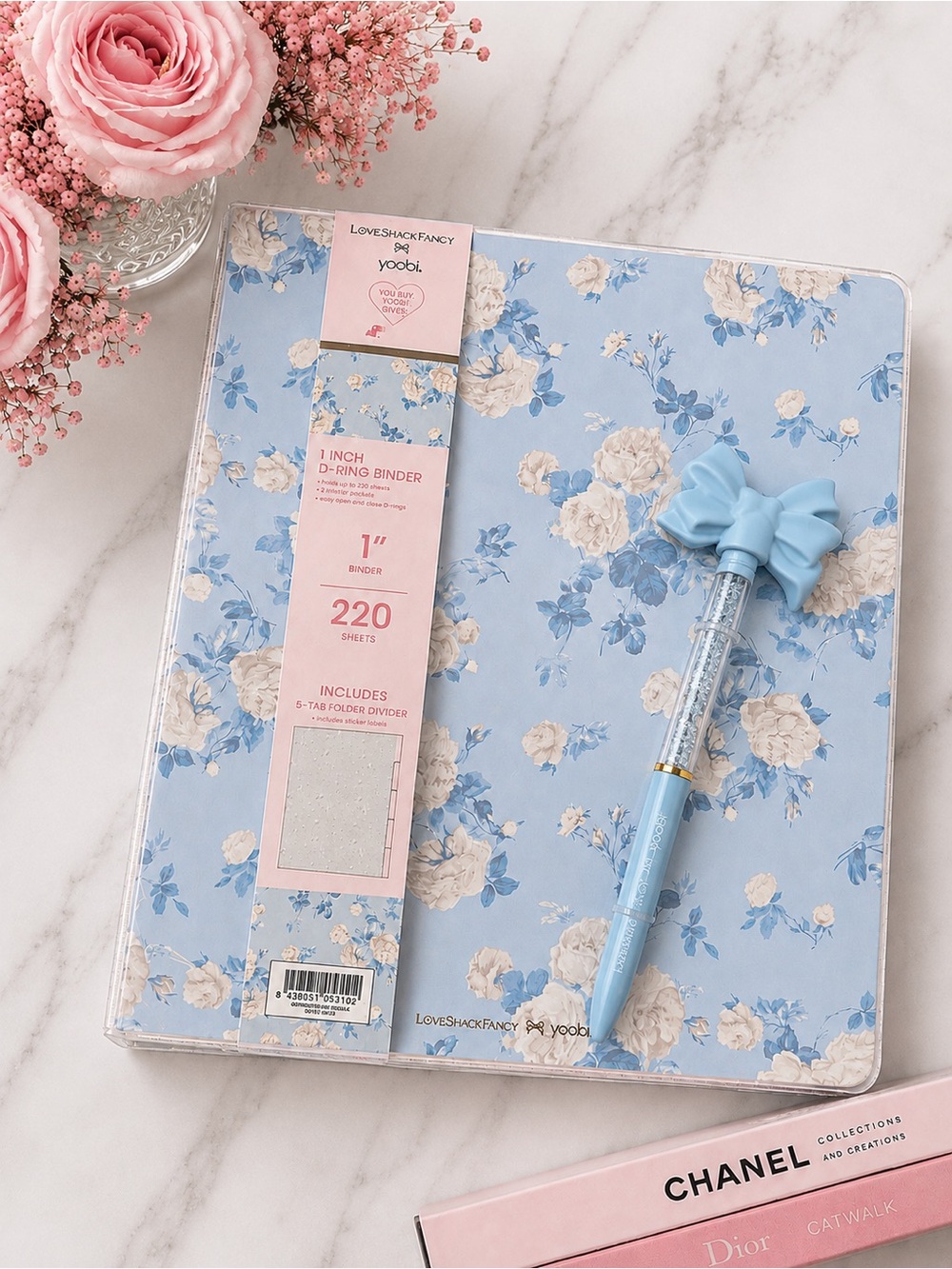 LoveShackFancy Blue Floral Binder with Bow-Top Pen